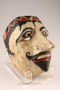 Antique Mexican Wooden Ethnographic Dance Mask: Antique Mexican Wooden Ethnographic Dance Mask, polychrome with painted false eyes and a goatee. 7 inches H x 5.5 W x 6 deep