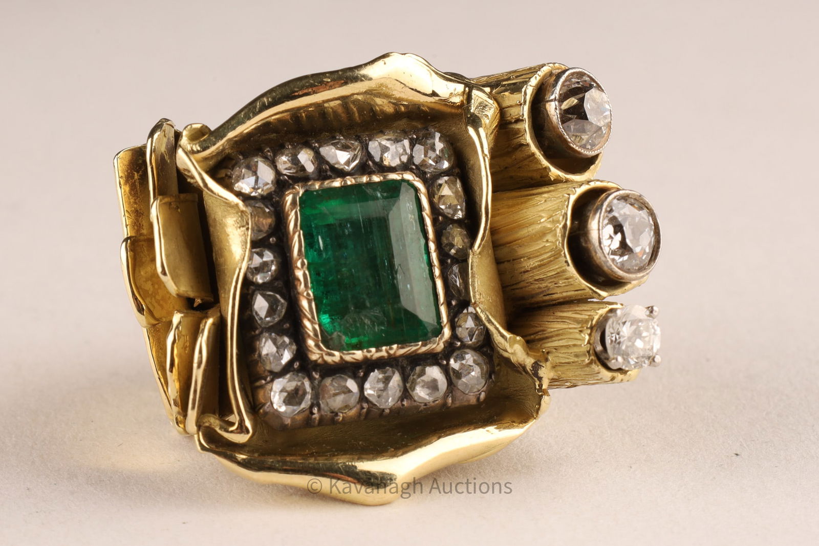 Large Brutalist Modernist 22K Gold Diamond and Emerald Fantasy Ring (1 of 12)