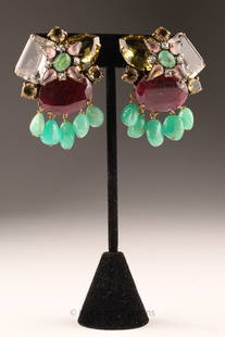 Iradj Moini Carnelian Emerald Citrine Earrings: Iradj Moini New York pair of earrings set with a large facet cut carnelian, with drop raw emeralds and above with facet cut period and citrine, set in antique gold tone metal frame, signed Iradj Moini