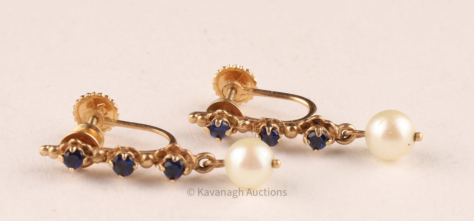 Empire Styled 14K Gold Sapphire Pearl Earrings: Empire Styled pair of 14K gold screw-back drop earrings set with three facet cut sapphire and a drop pearl at the base, marked on back of screw back 14K2.9 grams total weight, 1 inch drop