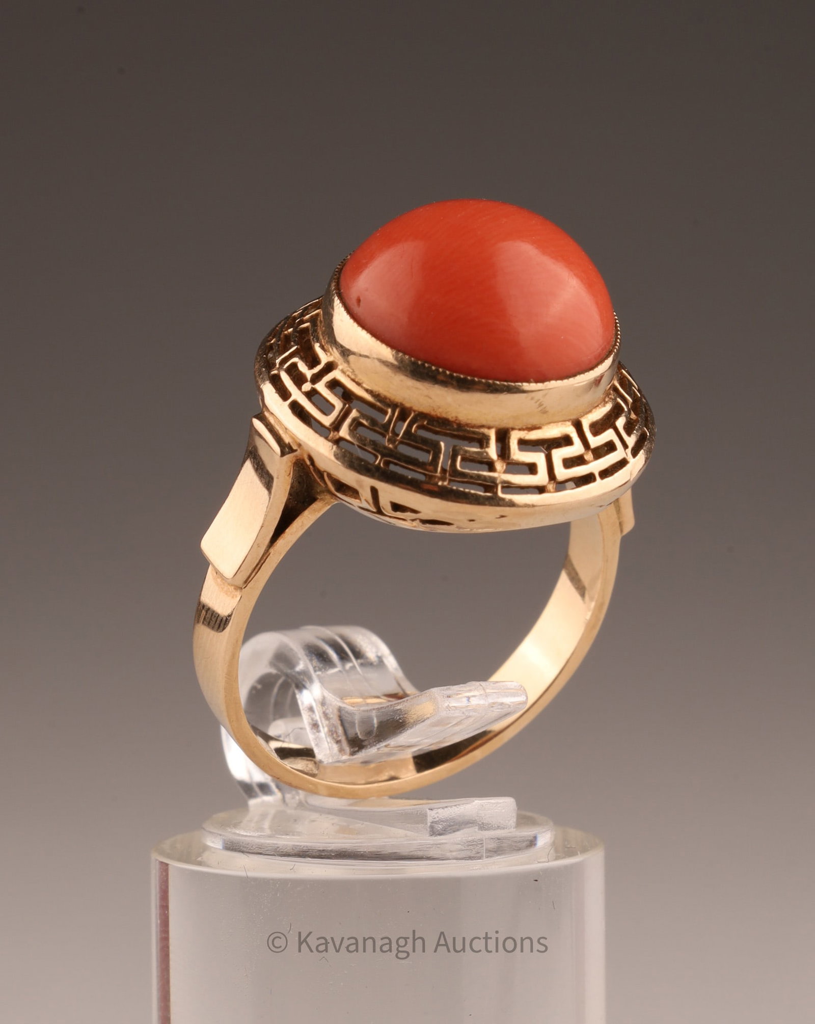 14K Hallmarked Gold Greek Key Coral Ring (1 of 8)