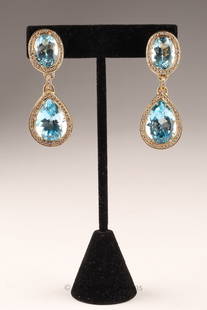 18K Gold Blue Topaz and Pave Diamond Drop Earrings: 18K Gold, Faceted Blue Topaz and Pave Diamond Drop Earrings. Marked 18K on post.Total weight, 28.2 grams, 2 inches L