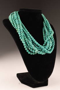 Arizona Turquoise Multi Strand Necklace Sterling: American West ten strand Arizona turquoise bead torsade necklace, set with decoratively worked sterling clasp, marked 925. 18 inches L.