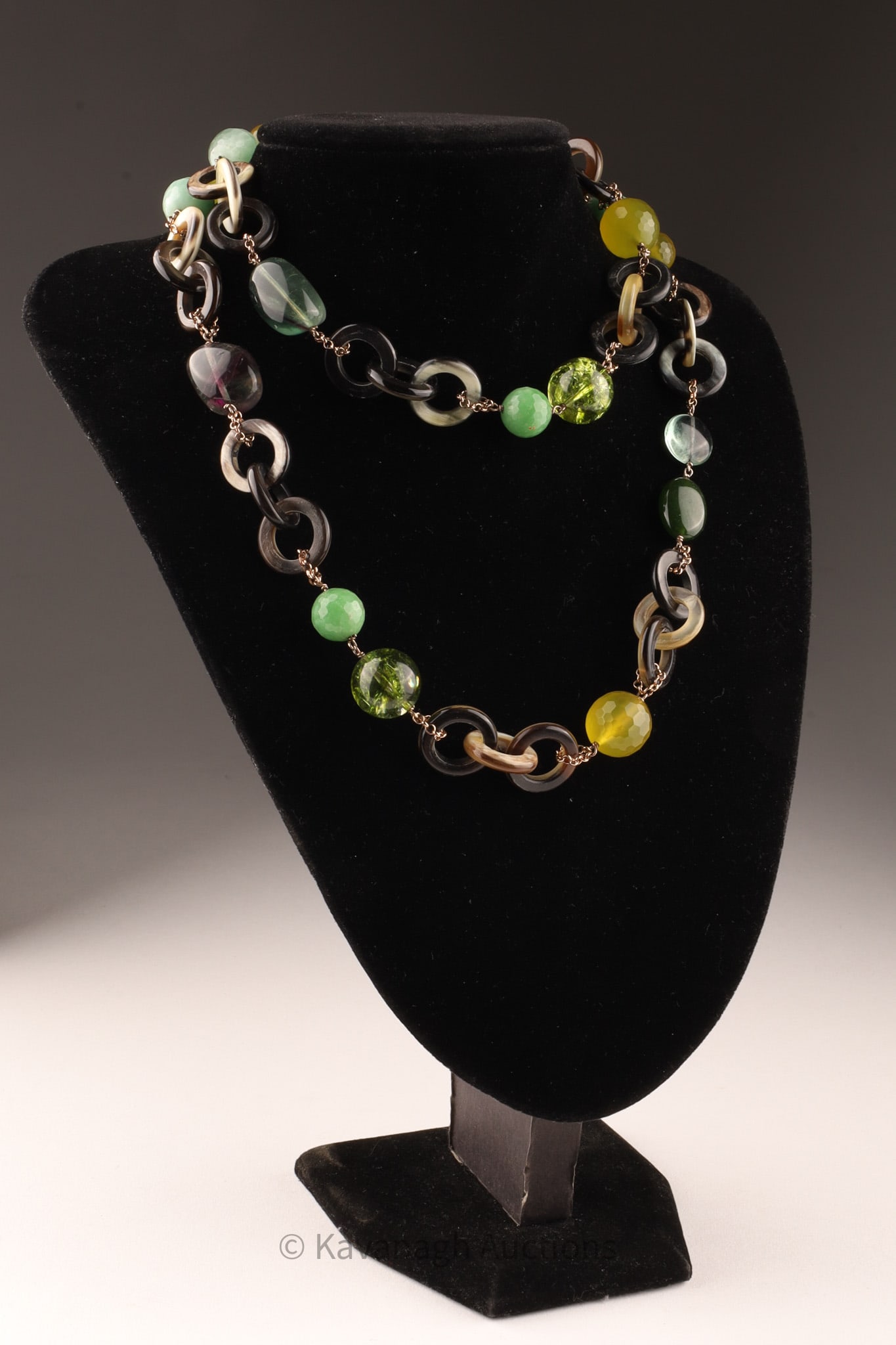 Italian Amle Horn Jade Stone Sterling Ring Necklace: Amle of Italy long necklace of horn rings with jade, polished and faceted stone and glass, attached with copper toned sterling links and clasp, clasp marked Amle 92536 inches L