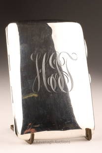 Canadian Art Deco Sterling Silver Cigar Holder: Canadian sterling silver Art Deco cigar holder of a curved design, with oversized monogrammed lettering on front possibly showing letters HJT, gold washed interior, marked Sterling and showing hallmar