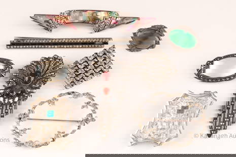 Lot Antique, Art Deco Sterling Silver Brooches Costume Jewelry: Collection Antique, Art Deco Sterling and Silver Brooches inset with gemstones, rhinestones, marcasite, mother of pearl.Art deco brooch with carnelian stones measures 2.5 inches L x 1 W. Bar pin measu