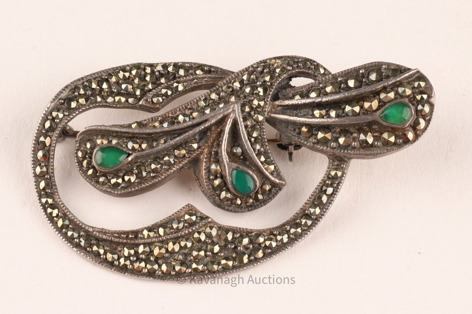 Sterling Silver, Green Stone and Marcasite Brooch: Sterling Silver, Green Chrysoprase and Marcasite Brooch. Marked 925.2 inches W.
