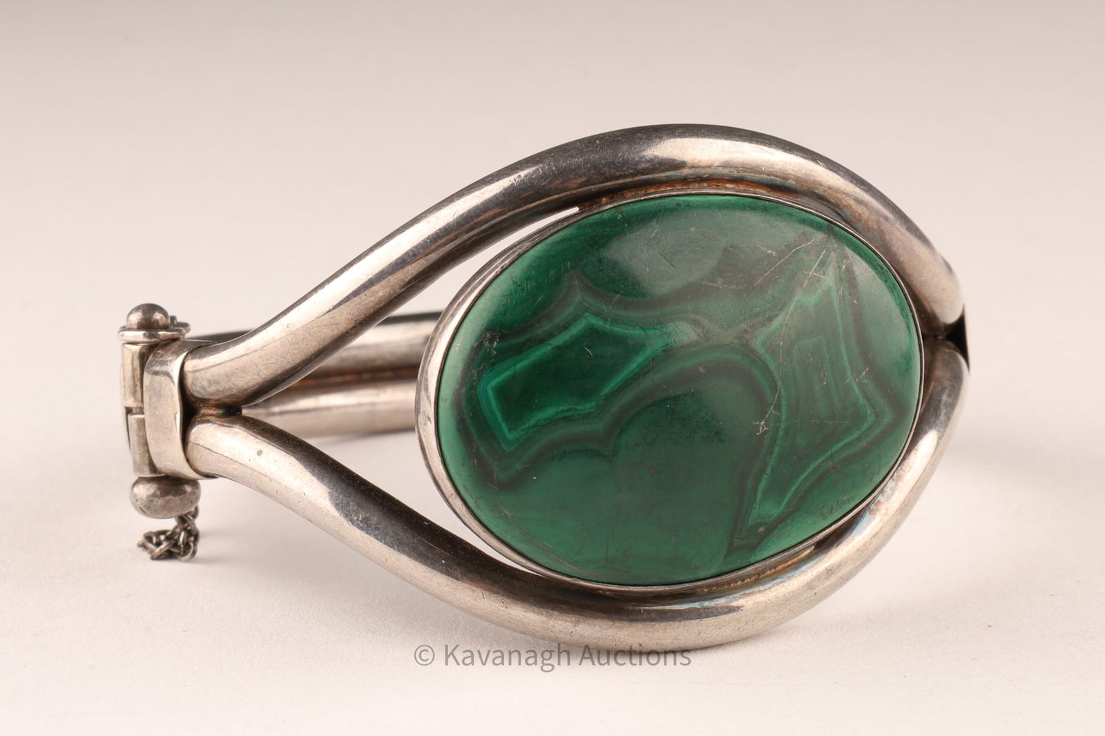 Silver and Malachite Hinged Bracelet: Silver and Malachite Hinged Bracelet8.5 inches L x 1.5 H.
