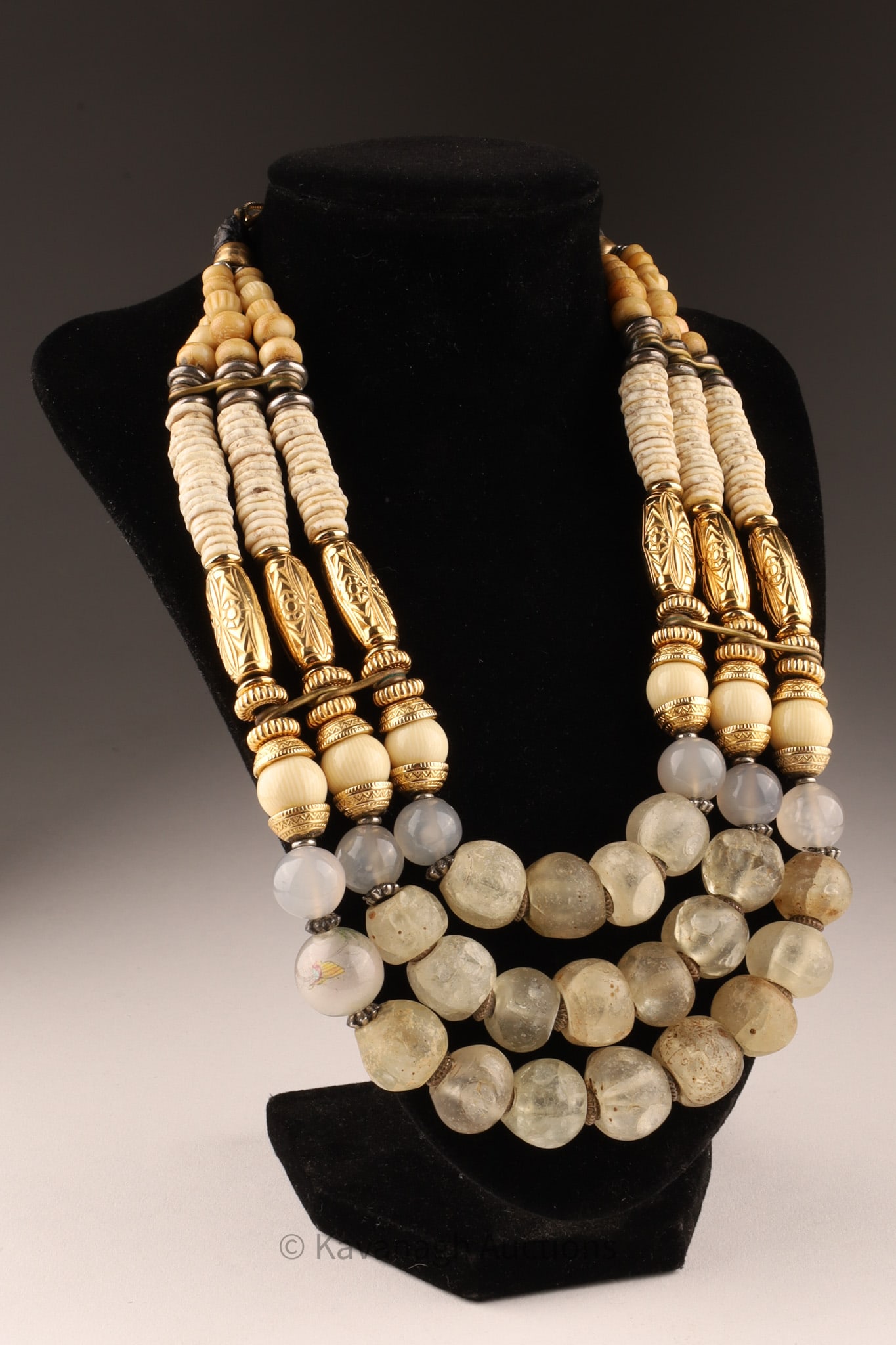 Masha Archer Gilt Silver Bone Agate Tribal Necklace: Unique tribal styled 3 strand necklace by Masha Archer of San Francisco, California polished and raw cut agate stones with gilt metal, bone and other stone elements, with 1917 French 25 centimes silve