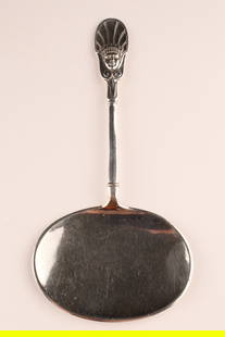 RARE Danish Egyptian Revival Silver Pastry Lifter Christesen: Very rare Danish solid silver 826 grade silver pastry lifter in the Egyptian Revival style, the handle showing the image of a woman's face, marked on back with hallmarks for assayer Simon Groth (activ