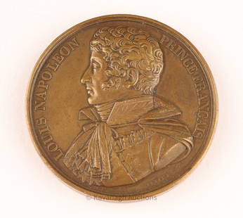 Antique 19th C. Bronze Napoleon Medal: Marked on face, Louis Napoleon Prince Francais, petit F, Armand Auguste Caqué. On verso, Ne a Ajaccio 1778. Connetable 1804. Gouv Gen. Des Dep, Audela des Alpes 1805. Roi de Hollande de 1806 a 1810.2
