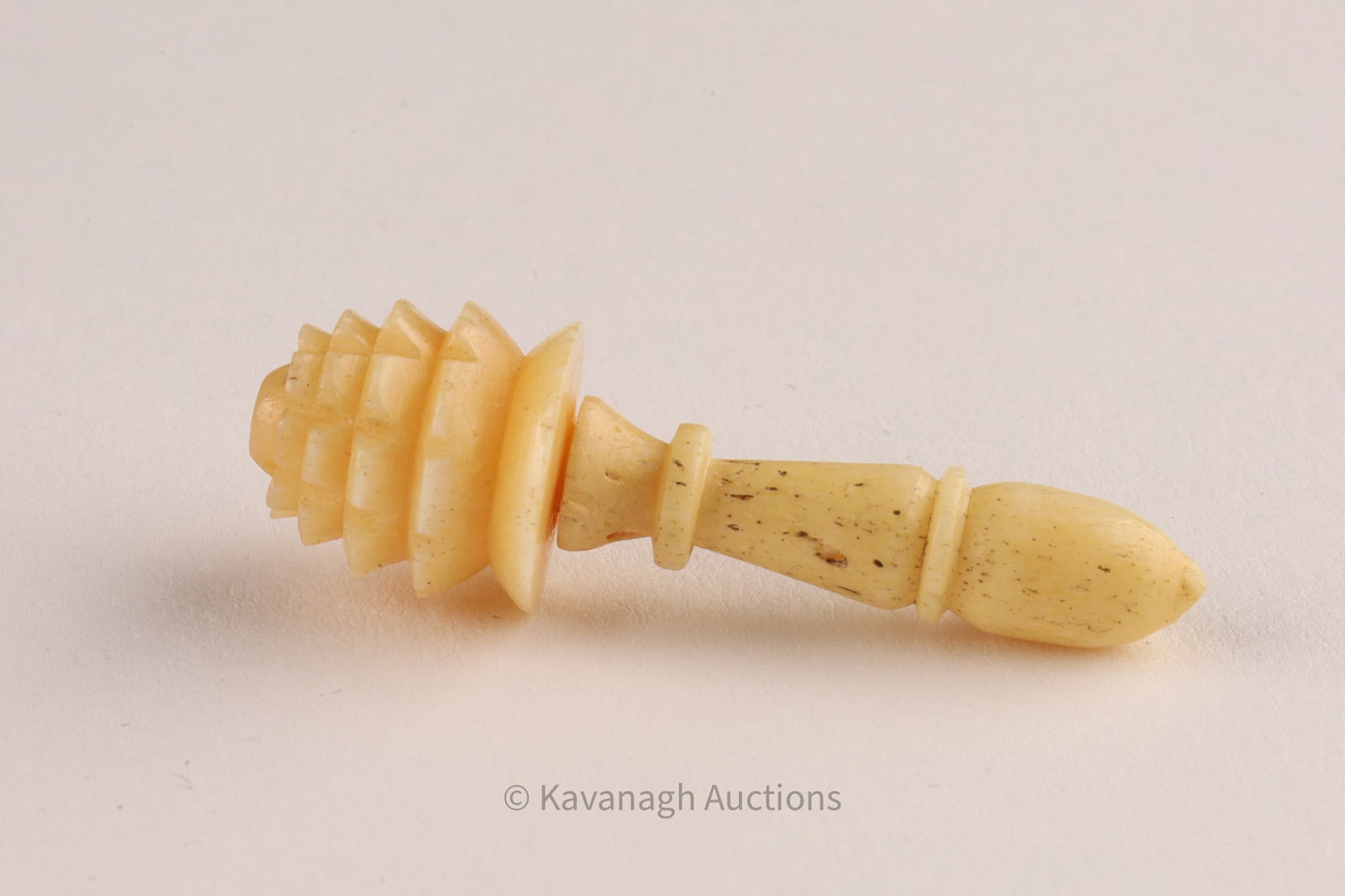 Victorian Rare Bone Carved Vinaigrette Pomander: Rare antique hand carved bone vinaigrette, with screw-off pinecone shaped pomander with perforated top, used to recover or avoid odors by placing near the nose, 19th century.1.5 inches L