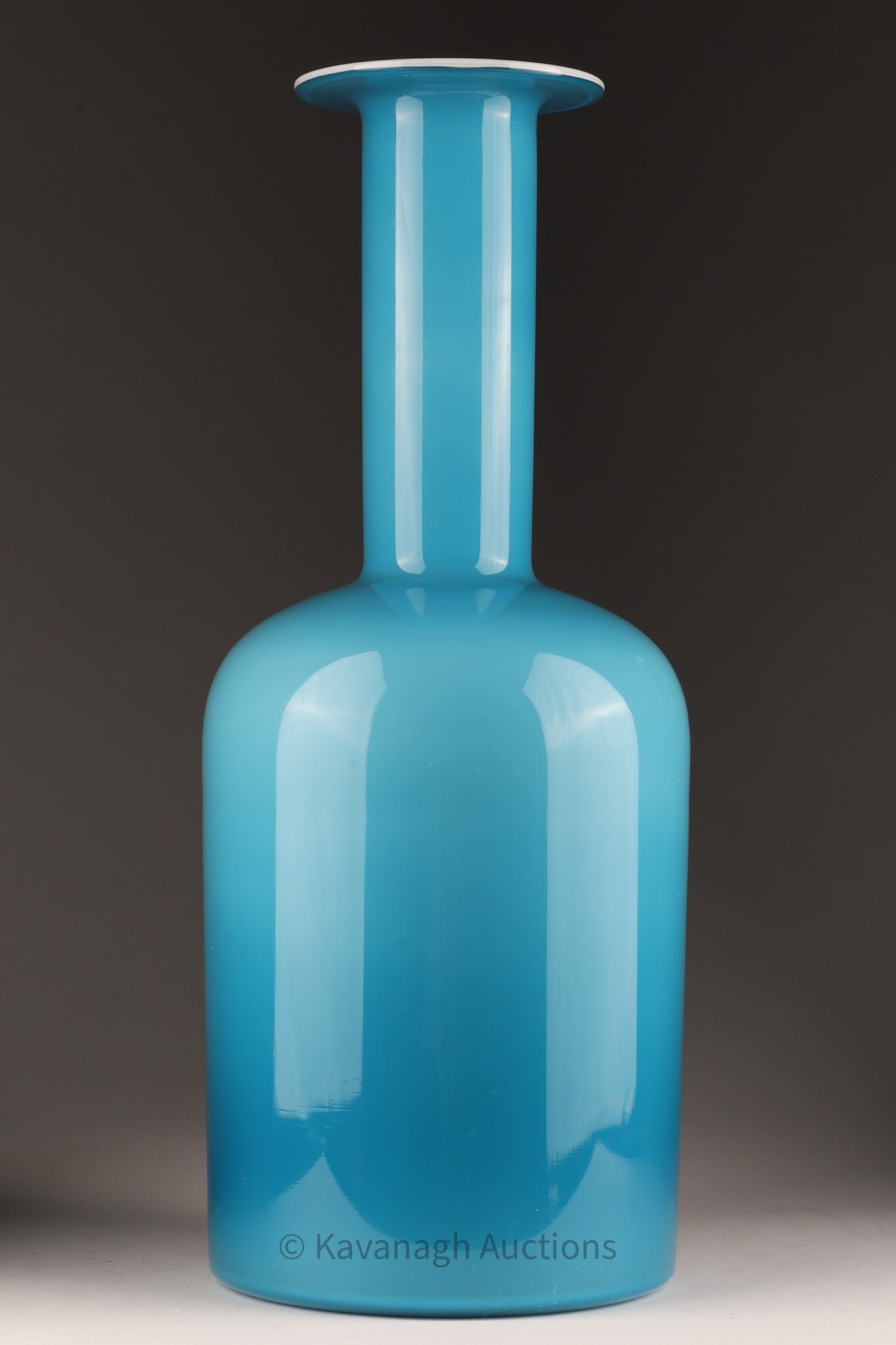 Large MCM Cased Glass Blue Holmegaard Gulvase Vase: Large Mid Century cased glass Gulvase designed by Otto Brauer for Holmegaard. 17.5 inches H x 6.5 W.