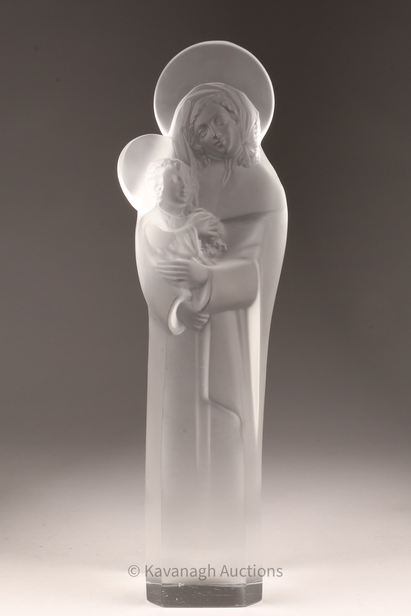 Rene Lalique Virgin Mary and Child Frosted Glass Sculpture: Rene Lalique Virgin Mary and Child Frosted Glass Sculpture.. 13.5 inches H x 4 W. Small fleabites to base.
