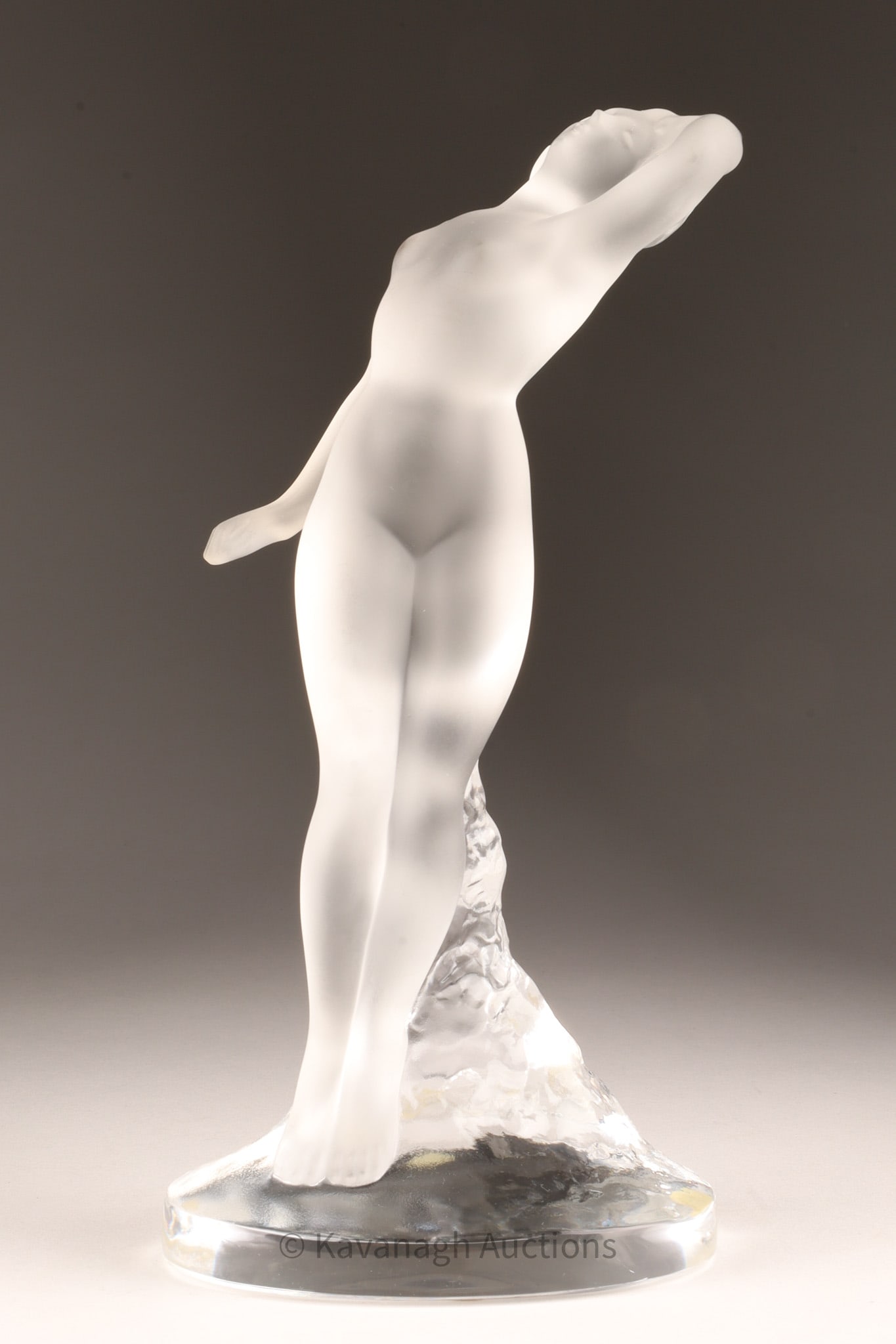 Signed Lalique France Crystal Nude Dancer: Signed Lalique France Crystal Nude Dancer. Frosted female nude dancer on clear crystal base, signed Lalique France.. 9.5 inches H