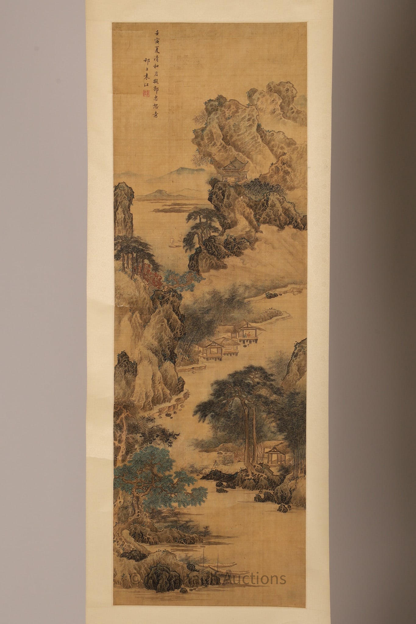 Antique Silk Chinese Mountainous Landscape Painting Scroll (1 of 6)