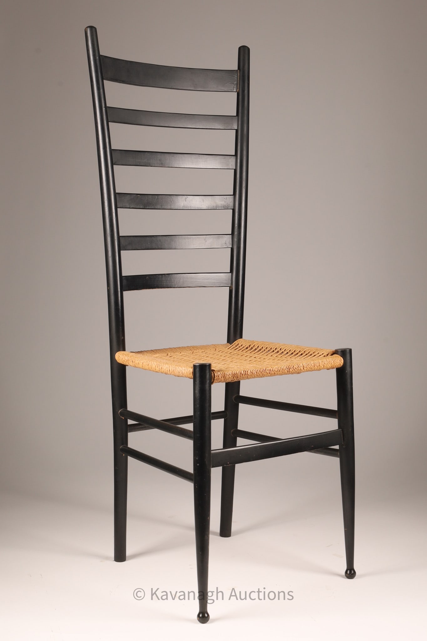 Mid Century Tall Ladder Back Chair Attributed to Gio Ponti: Mid Century Tall Ladder Back Chair Attributed to Gio Ponti with woven rope seat.. 45 inches H x 14 x 15, seat height 18.5. Minor scuffs to black finish.