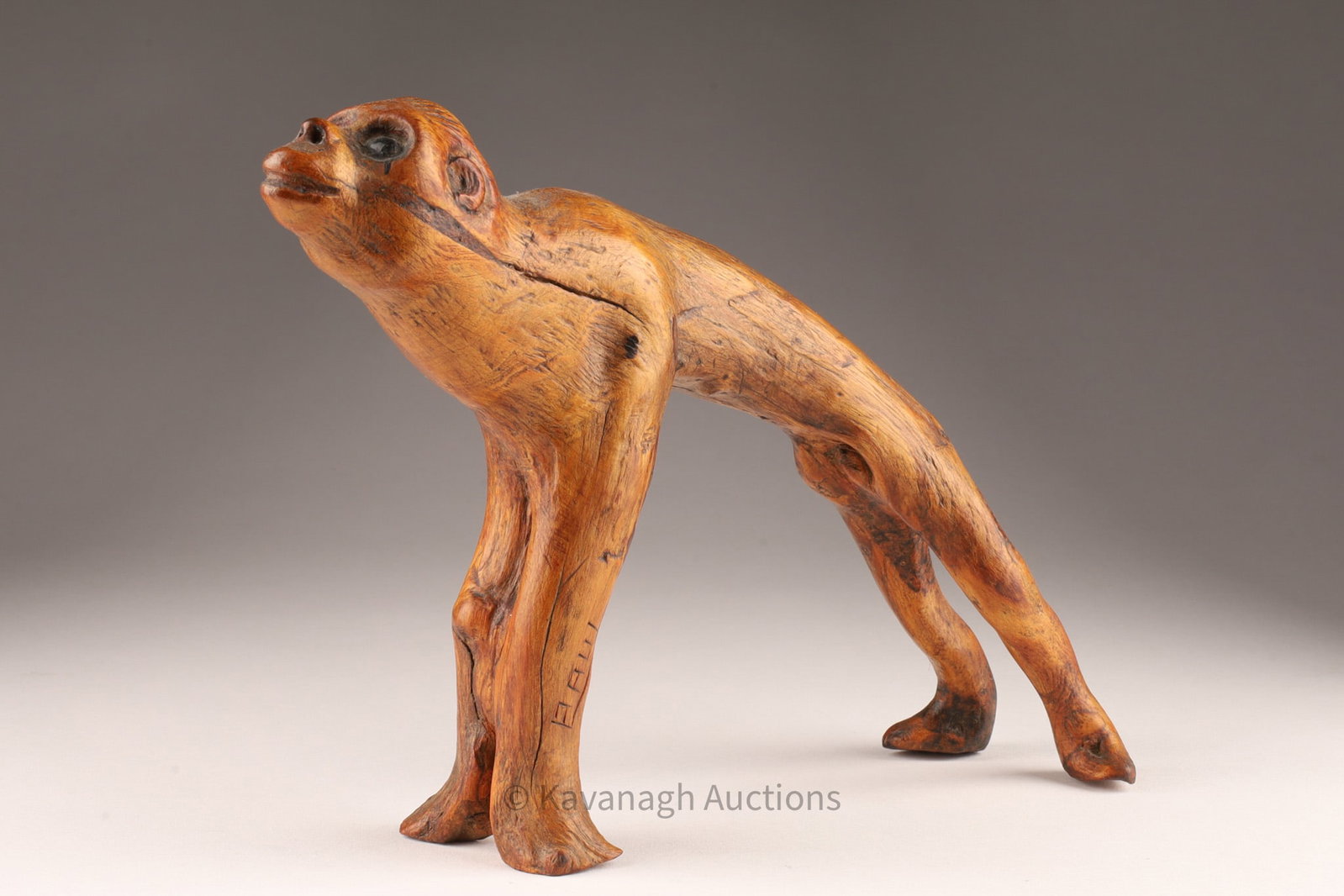 Folk Art Carved Root Monkey Signed Paul: Folk Art Carved Root Monkey Signed Paul Belile (?) on leg and foot.. 7 inches H x 10 L.