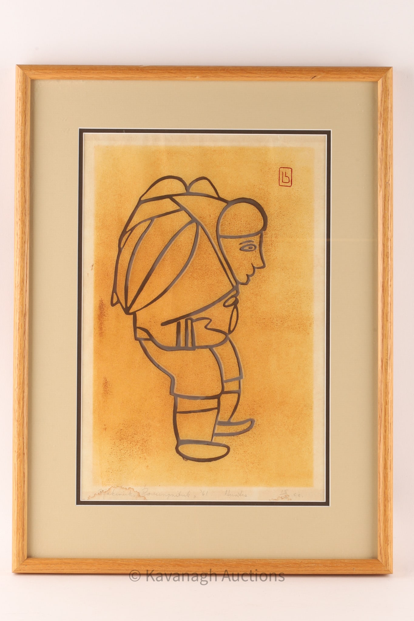 1961 Signed Povungnituk Inuit Experimental Stonecut: 1961 Signed Povungnituk Inuit Experimental Stonecut, Titled Hunters. Numbered 15/50. Initialled s.e.. Paper measures 15 inches H x 10 W, frame measures 20.5 x 15 inches. Some creasing to paper, water 
