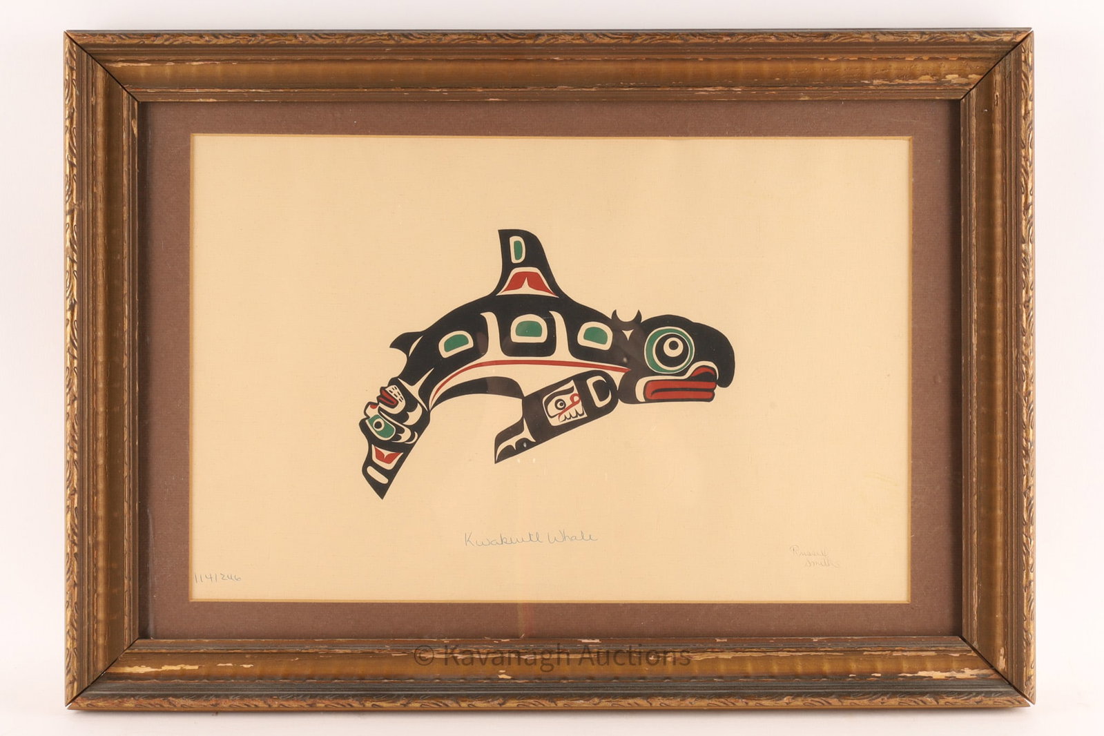 West Coast Indian Print Kwakiutl Whale Signed Russel Smith: West Coast Indian Coloured Print or Serigraph of a Kwakiutl Whale Signed Russel Smith, numbered 114/246.. 15.5 x 22” frame, 12 x 18” no frame . Loss to frame finish.