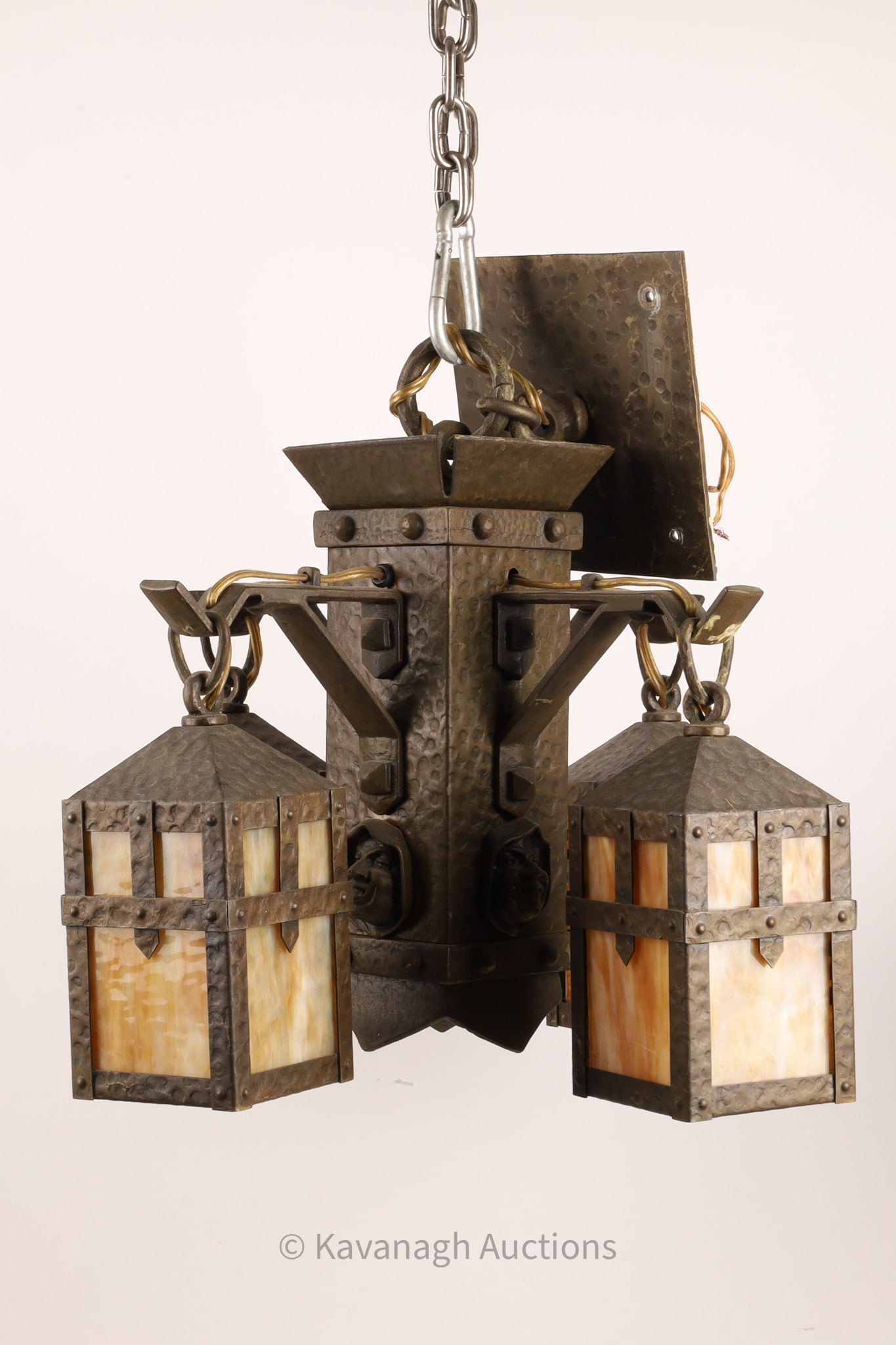 Arts Crafts Monks Face Four Light Chandelier: Arts Crafts Monks Face Four Light Chandelier. Missing two glass panels.. 19" Height Missing two glass panels