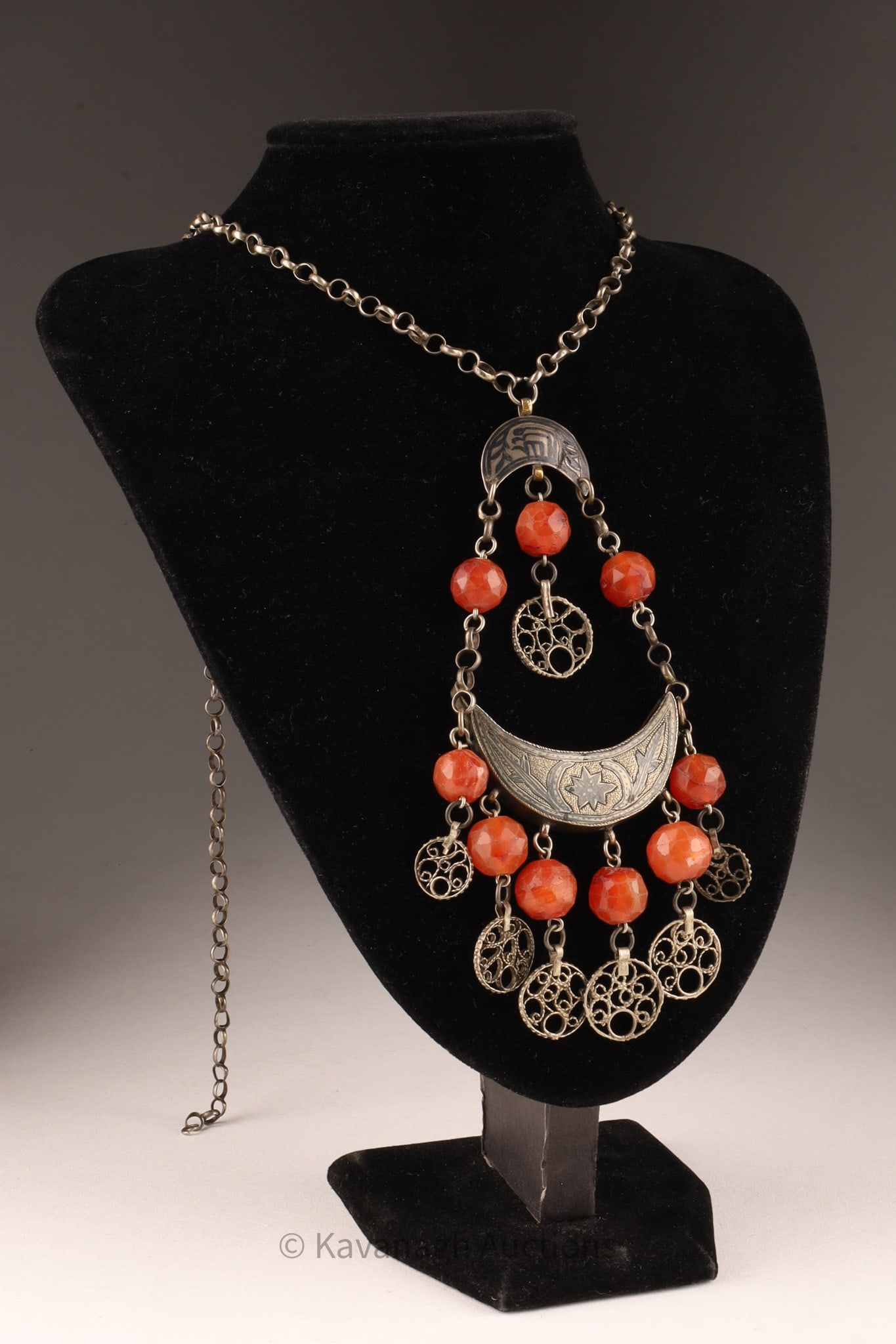 Middle Eastern Faceted Carnelian and Silver Crescent Moons Pendant Necklace (1 of 8)