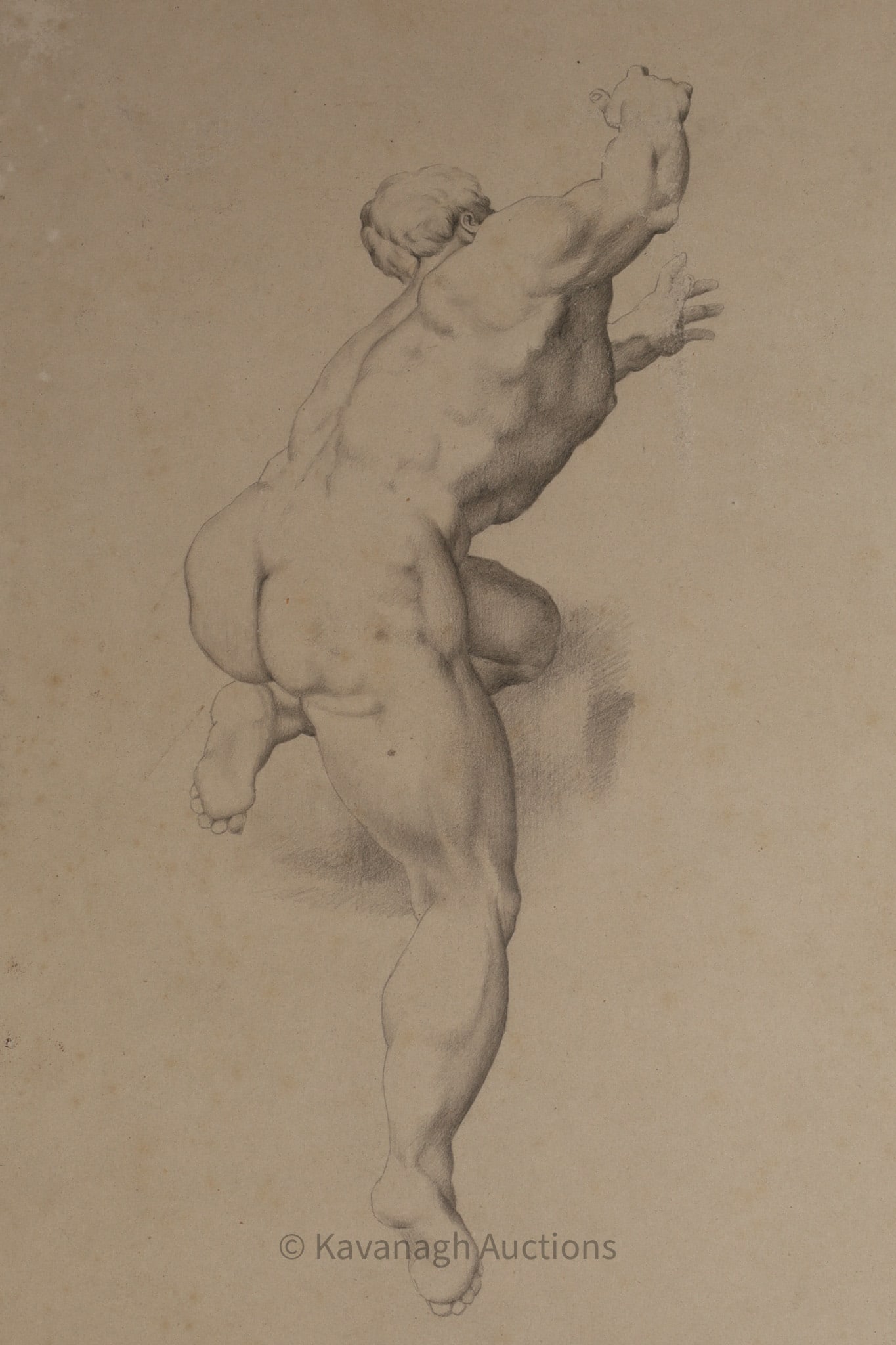 After Michelangelo – Antique Academic Study of a Male Nude from The Last Judgment: An antique, finely rendered academic drawing of a male nude, seen from the back in dynamic contrapposto, after a figure from Michelangelo’s Last Judgment fresco in the Sistine Chapel. Executed in gr