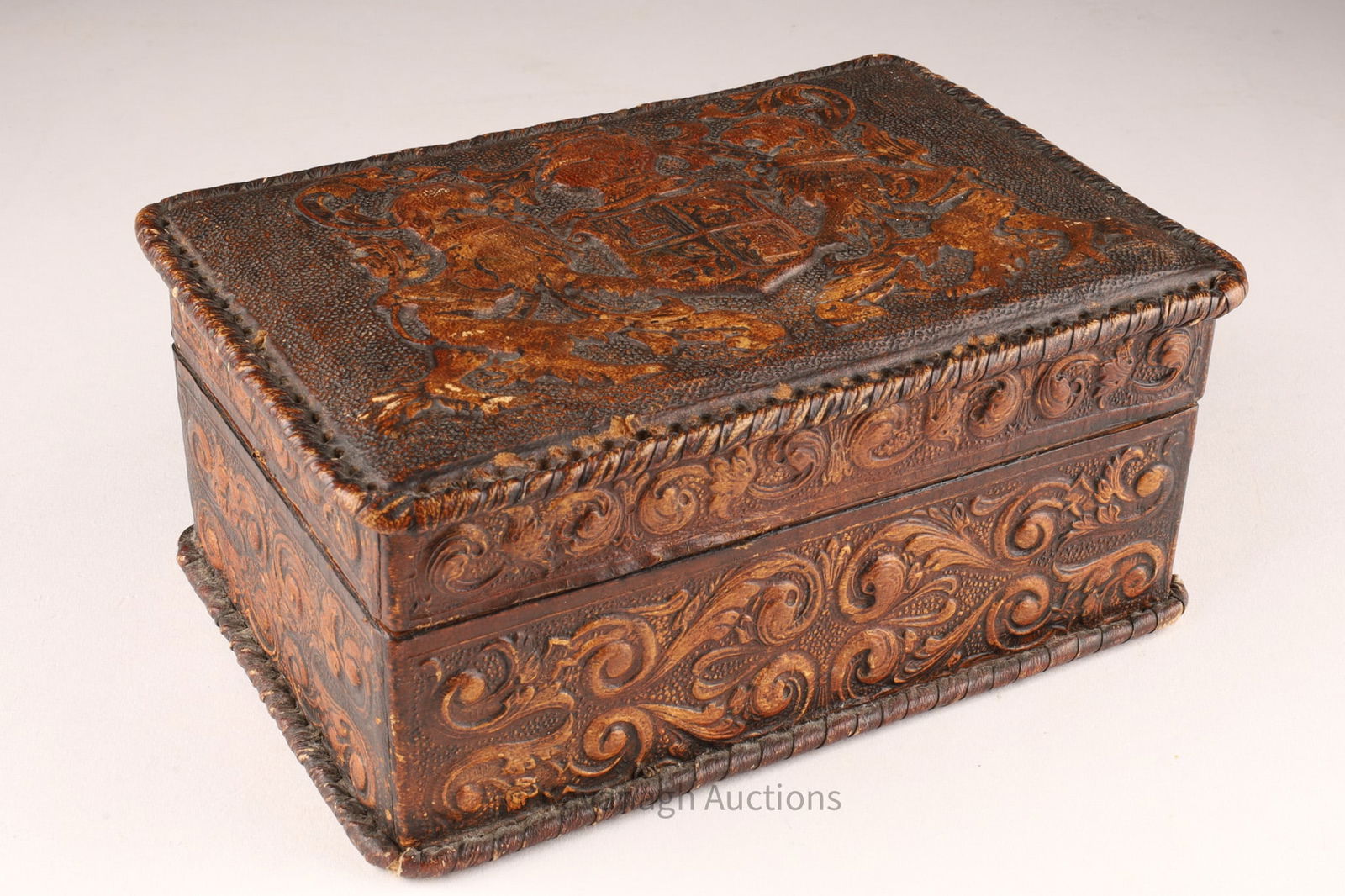 Antique Spanish Coat of Arms Tooled Leather Cigarette Box (1 of 7)