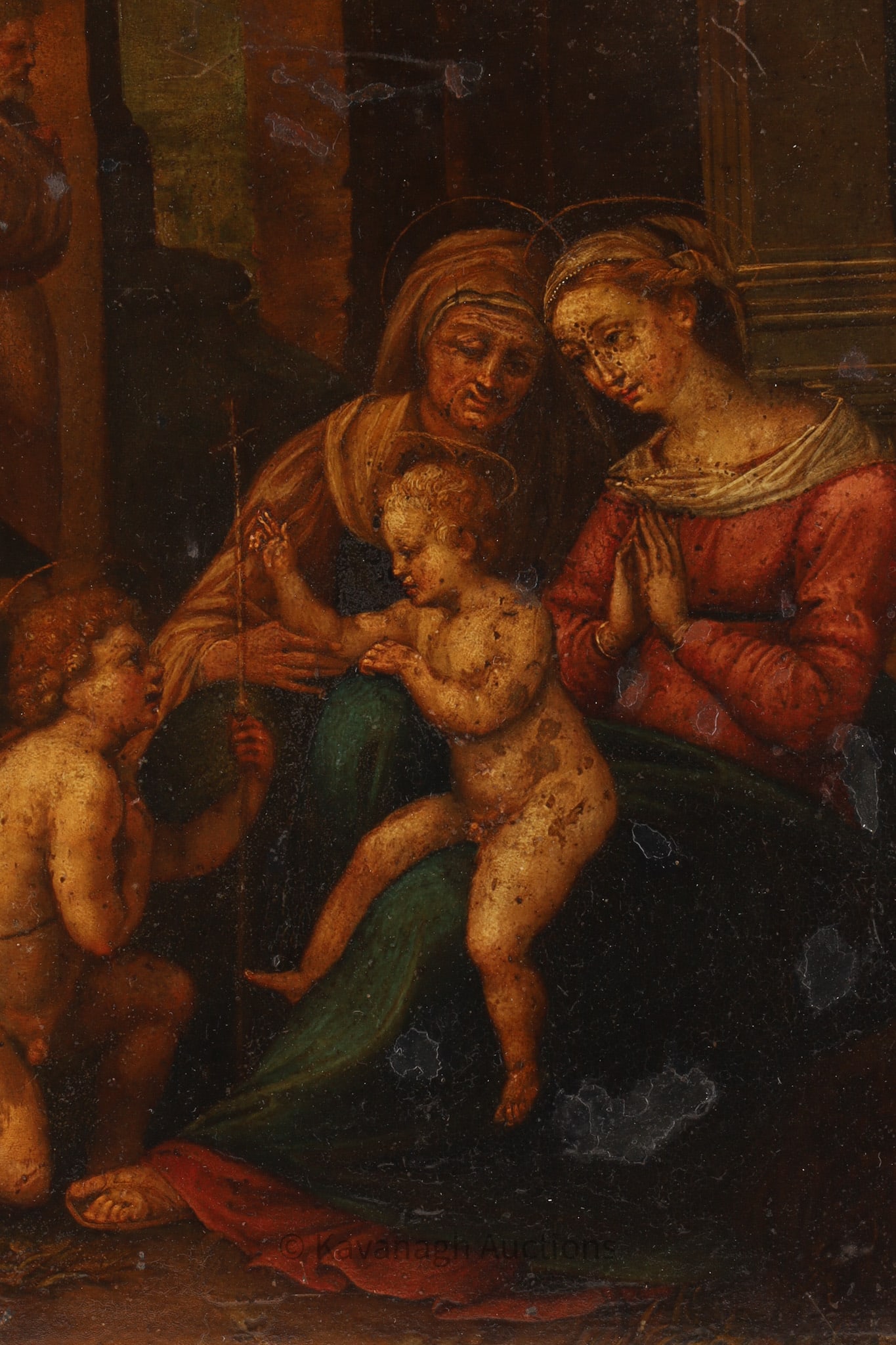 Antique Oil on Copper Painting After Raphael, Madonna and Child: After Raffaello Santi, Raphael, The Madonna and Child with Child St John the Baptist and St Elizabeth. Painted on copper, with some loss to paint, bent corners. Unframed, measures 12.5 inches H x 10 W