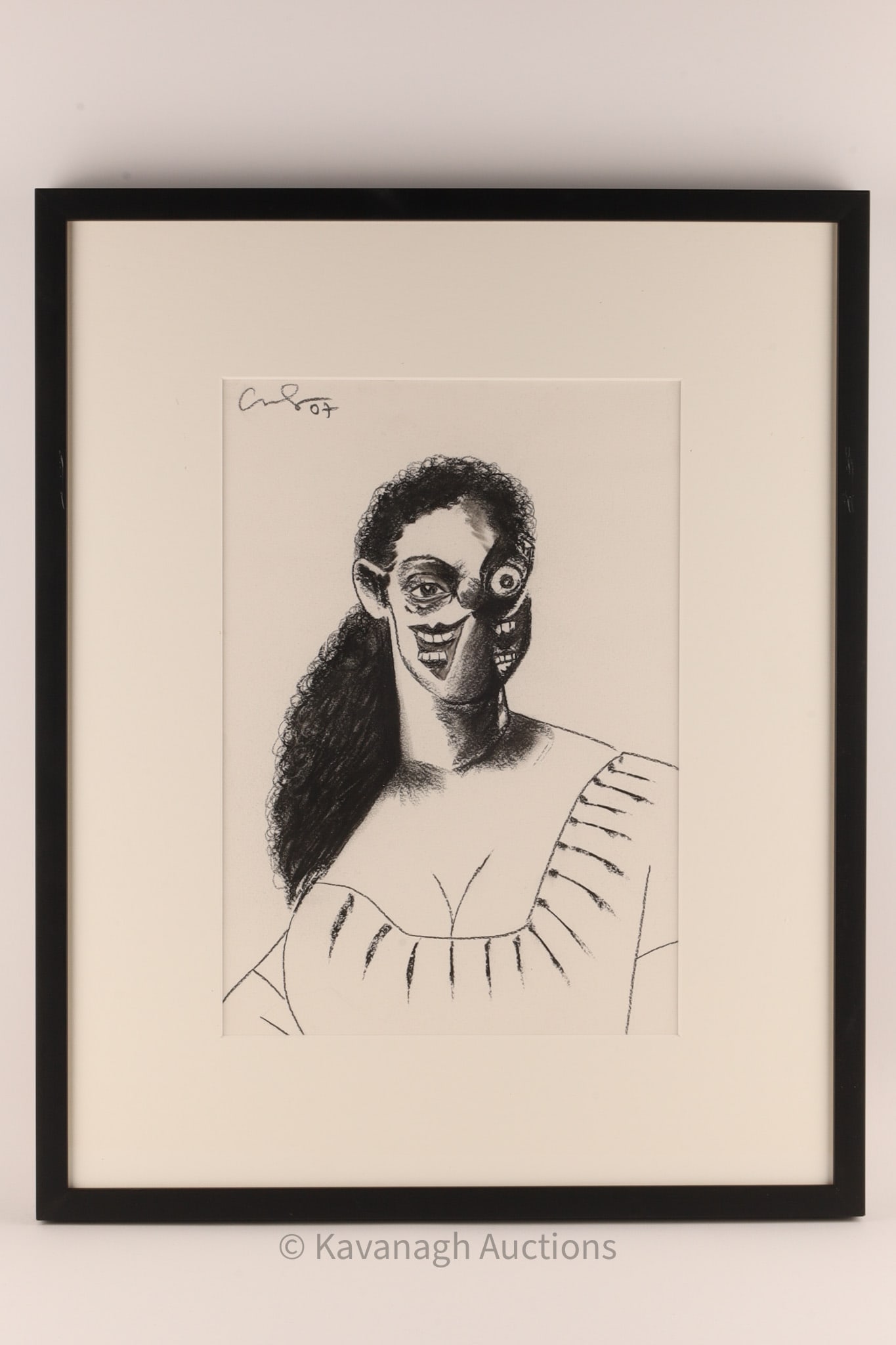 George Condo (b. 1957) - Untitled, 2007 Drawing of a Smiling Woman: A bold charcoal drawing depicting a fantastical female bust with the artist’s signature fractured physiognomy, executed with sweeping black strokes and subtle shading. The work exemplifies Condo’s