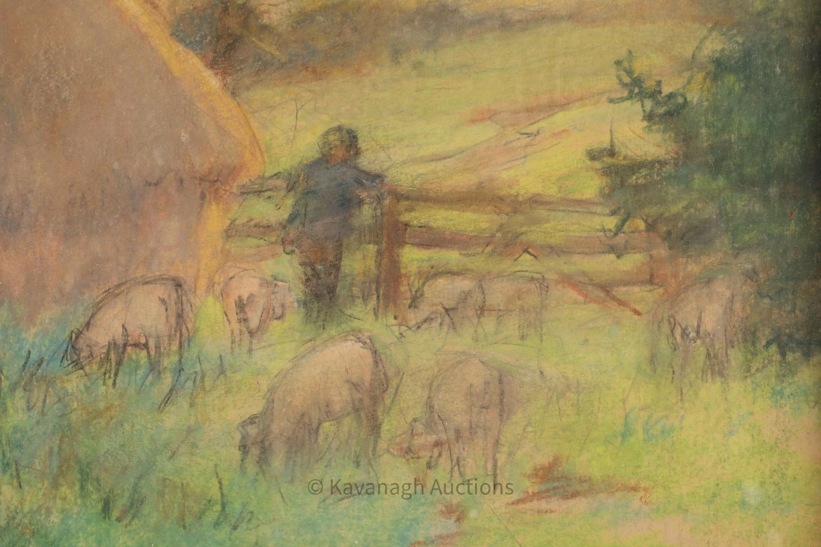 Berthe Des Clayes (Scottish-Canadian, 1877-1968): Berthe Des Clayes, (Scottish-Canadian, 1877-1968), Pastel Landscape depicting a rural scene with a figure and sheep in a field. Signed lower left, measures 6.75 inches x 6.75 inches sight, frame measu