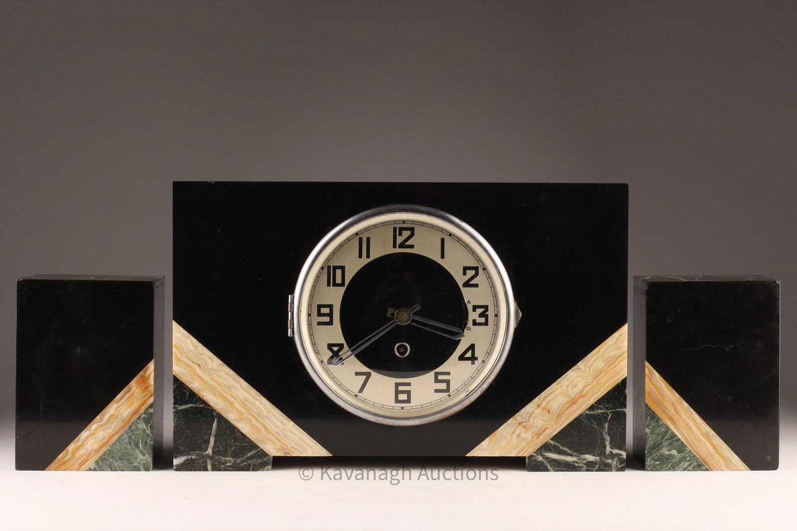 Art Deco Inlaid Marble Mantle Clock Set with Tazzas (1 of 8)