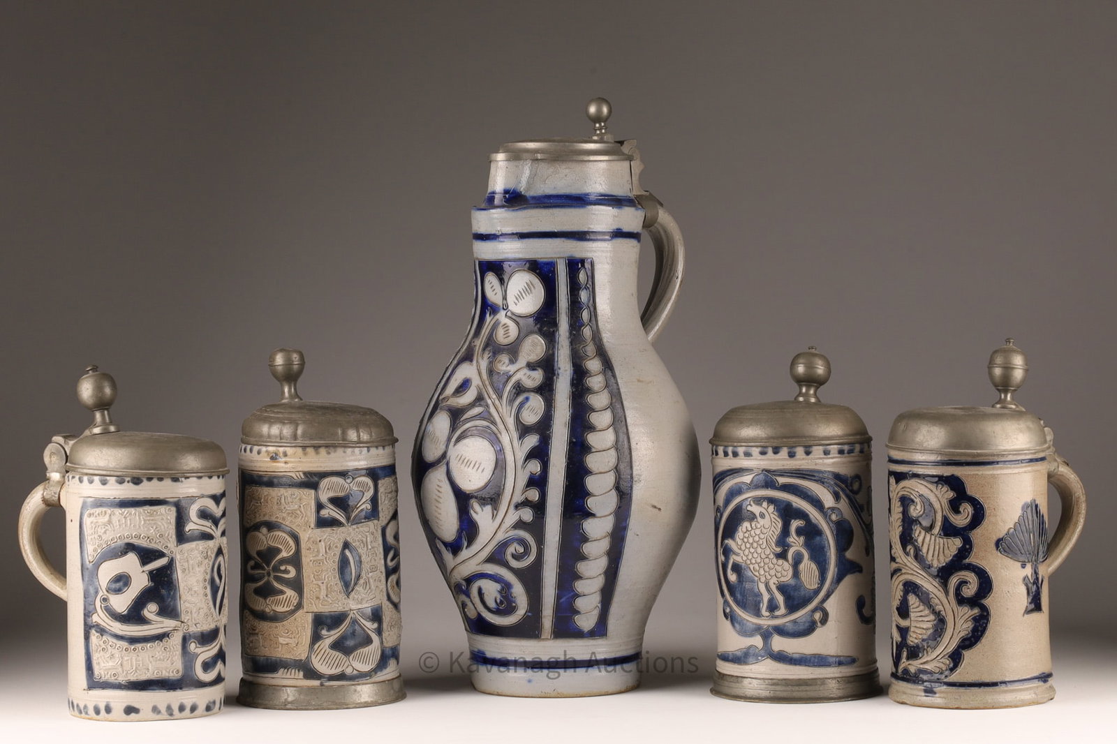 Antique Austrian Stoneware Stein Set Steingovel with Pewter Lids (1 of 12)