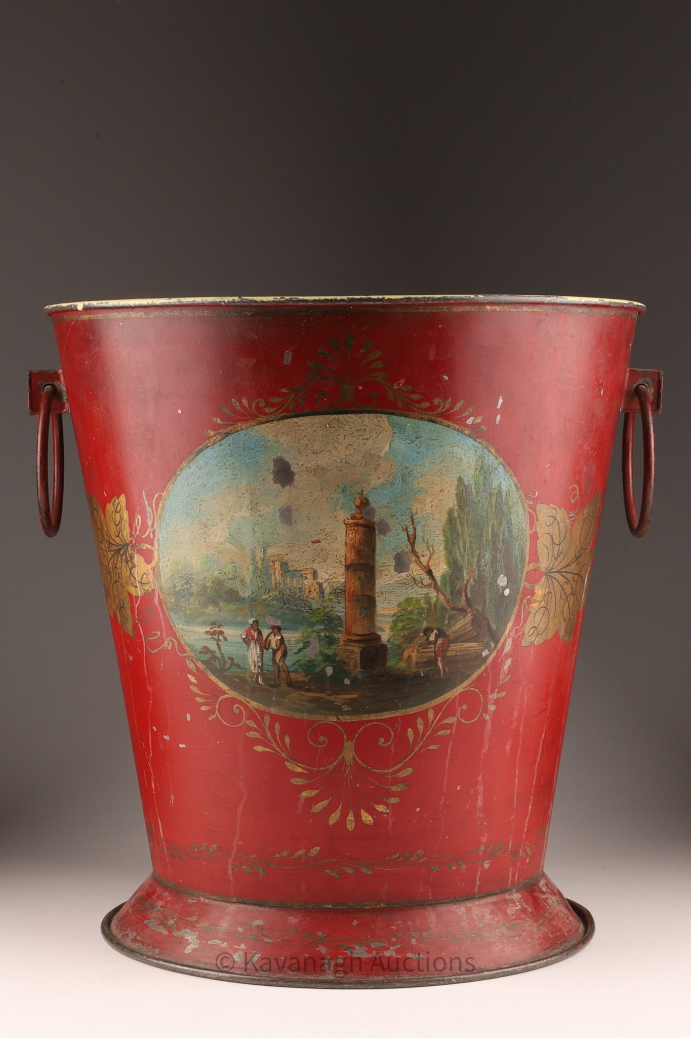 Antique Red Toleware Metal Bucket Classical Ruins Scene (1 of 9)