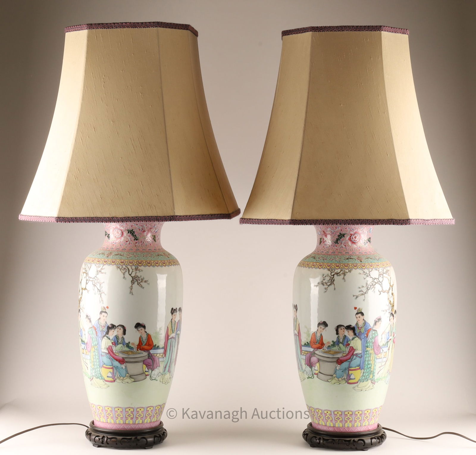 Pair of Chinese Famille Rose Republic Vases as Lamps: Pair of Chinese Famille Rose Republic Vases Lamps. Decorated with female figures, lines of calligraphy on sides. Lamps measure 40 inches H x 19 W with shades, vases measure 19 inches H.