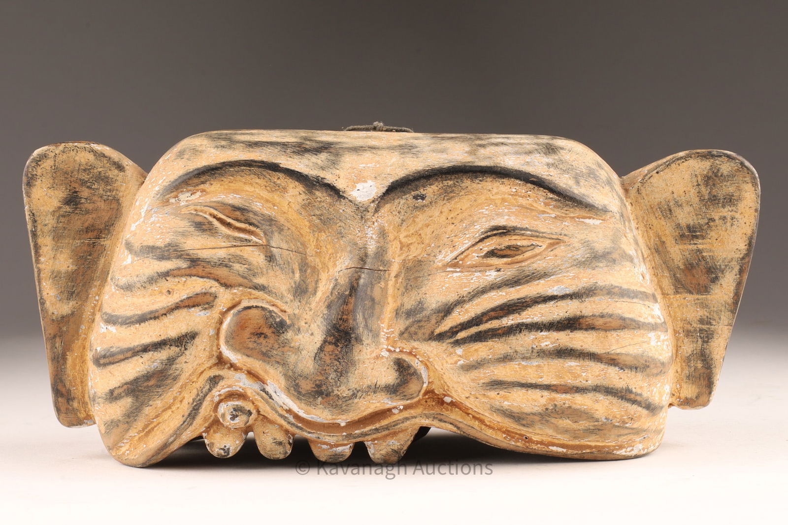 Asian Grotesque Face Wood Carved Bell: Asian Grotesque Face Wood Carved Bell, Thai or Balinese. Measuring 7.5 inches W x 3 H x 3 deep.