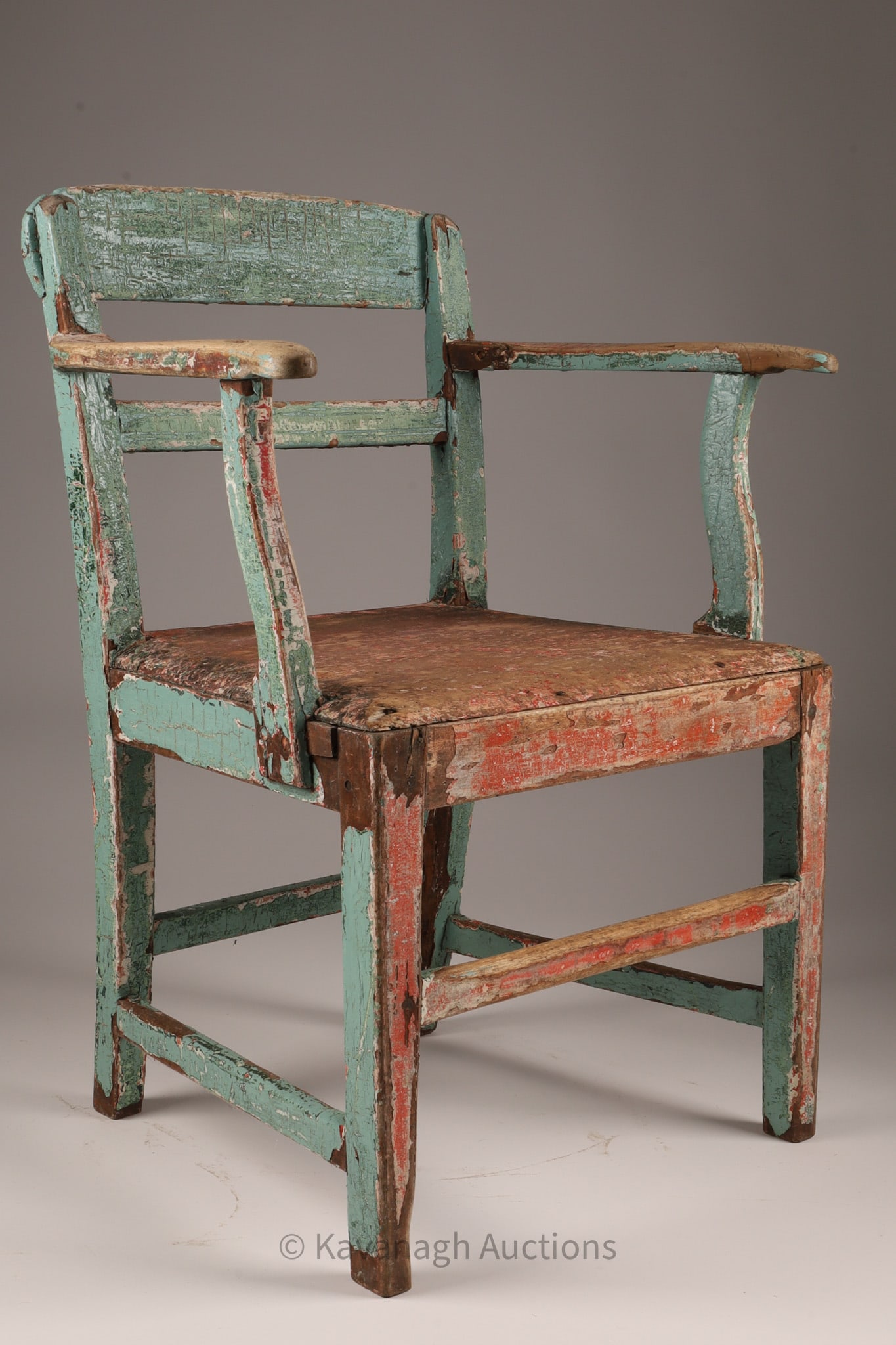 C. 1830 P. E. I. Canadian Early Paint Armchair: C. 1830 P. E. I. Canadian Early Paint Armchair. Back has been shortened, measuring 30 inches H x 22 W x 15 deep.