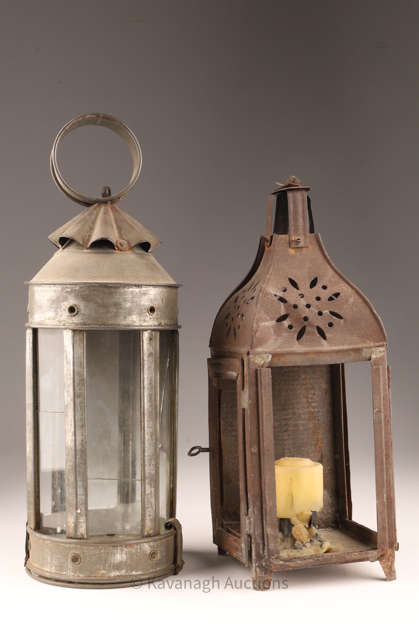 Pair of Antique Tin Toleware Metal Candle Lanterns (1 of 5)