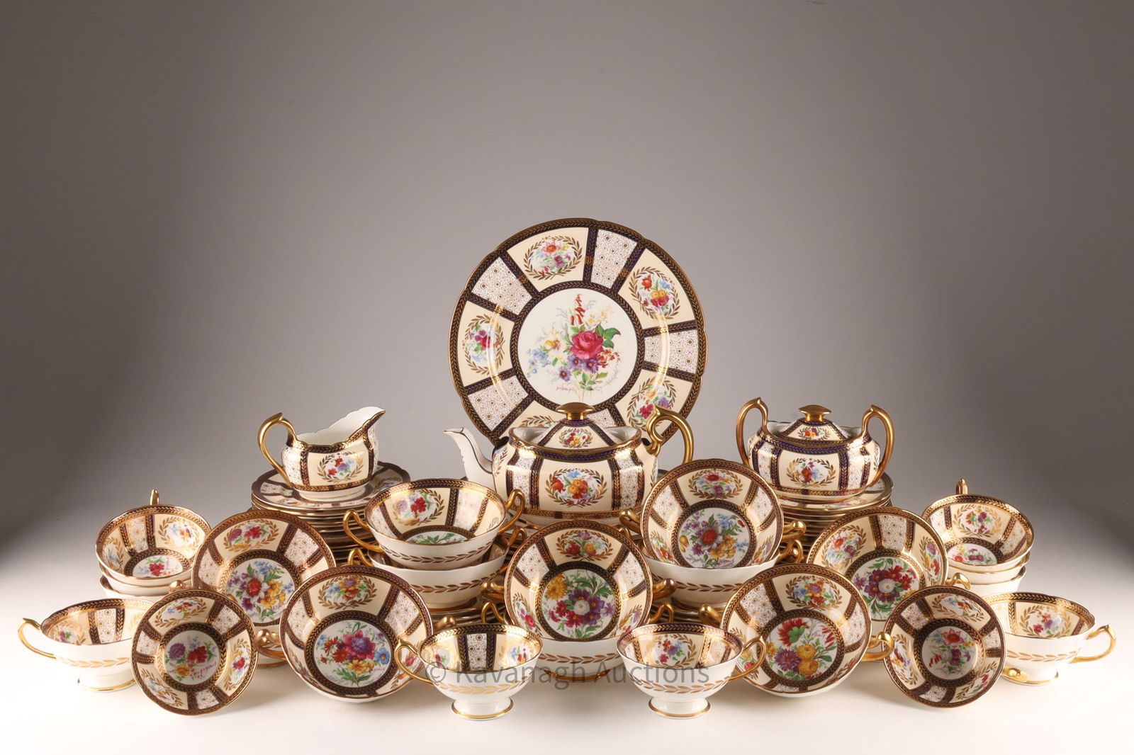 A Dinner Service for 12 Paragon China For Her Majesty Queen Mary: A Dinner Service for 12 Paragon China Reproduction of Service Made for For Her Majesty Queen Mary, Signed H. D. Holland. Service composed of 12 dinner plates (measuring approx 10.5 inches); 12 salad p