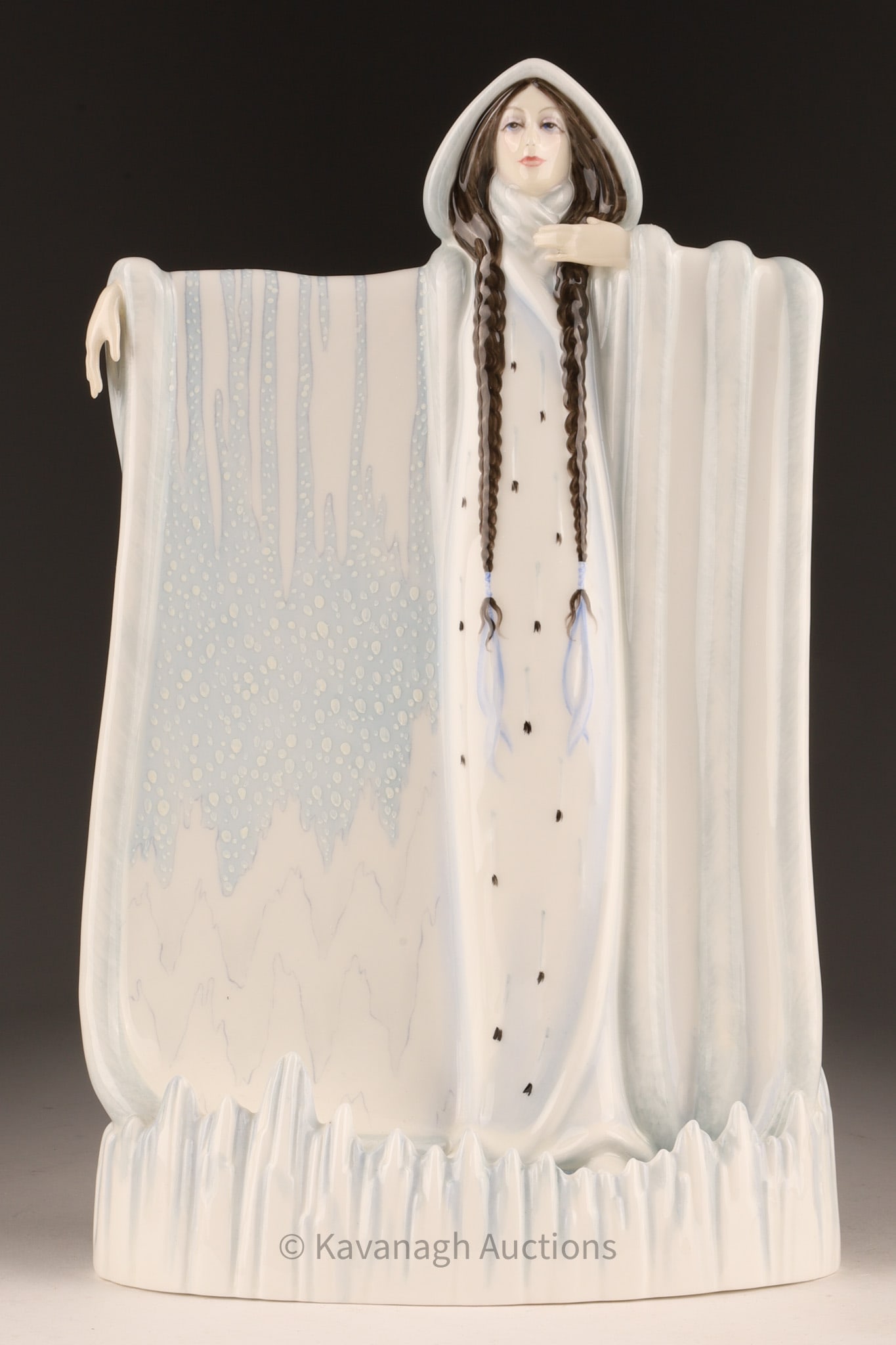 Royal Doulton Les Saisons Hiver / Winter Figurine by Robert Jefferson: Bone china figure of a lady representing Winter with long brown braided hair in a floor length light blue and white dress. Third in a series of four, limited edition number 20. Includes original box 1