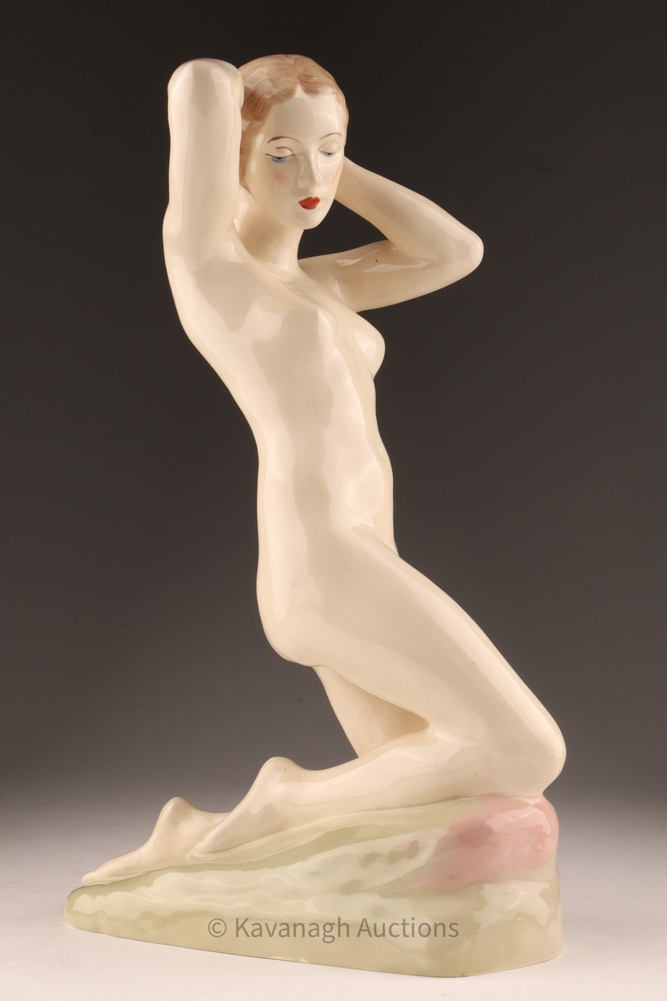 Signed R. Karsbach Painted Porcelain Nude Art Deco Figurine: Art Deco Painted Porcelain Nude Female Statue. Signed R. Karsbach on underside, Model numbers on underside 36, 723. Measuring 8 x 4 x 13 inches H.
