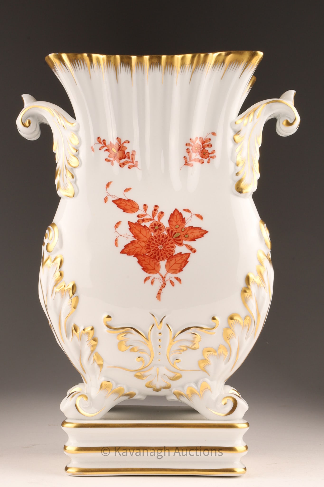 Herend Hungary Accordion Vase, Chinese Bouquet Apponyi Pattern: Herend Hungary Accordion Vase, Chinese Bouquet Apponyi Pattern in Rust with gilt decoration. 10 inches H x 7 W x 4 deep. Marked on underside.