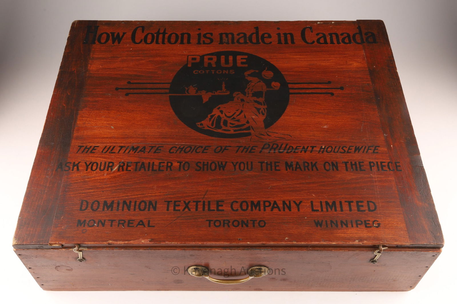 Early 1900s Dominion Textile Co, Prue Cotton Advertising Box: Vintage wooden crate from the Dominion Textile Company Limited, featuring the brand PRUE COTTONS. Dominion Textile Company Limited, established in 1905, was a significant Canadian textile firm headqua