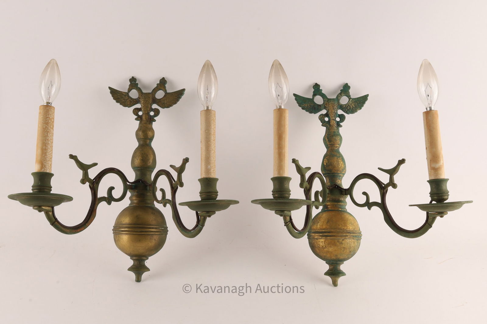 Pair of Electrified Polish Brass Wall Sconces, Double Headed Eagles (1 of 8)