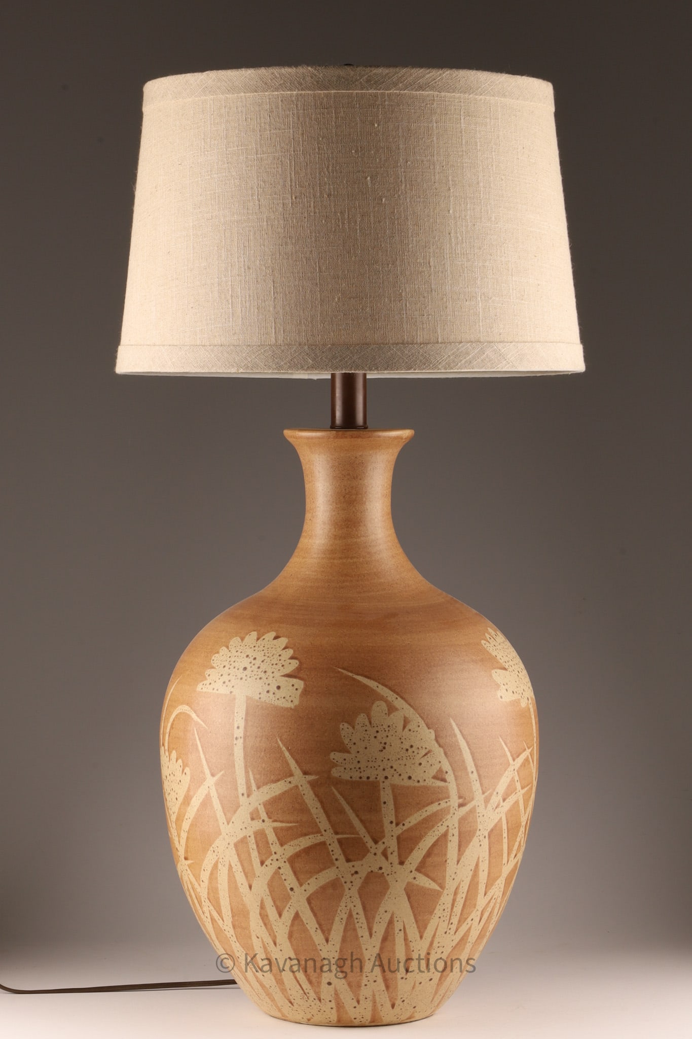 Mid-Century Alvino Bagni for Raymor Italian Pottery Lamp: Mid-Century Alvino Bagni for Raymor Italian Pottery Lamp. Decorated with grass and flowers. Vase measures 21 inches H x 12 W, 33 inches H as lamp.