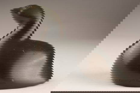 Inuit Signed Loon Carving Johnassie, Belcher Islands: Soapstone carving of a loon, finely polished with incised feather and eye details. Original "Metiq Belcher Isl." tag on the base, inscribed Johnassie, numbered 5268 and E9-33. A classic example of