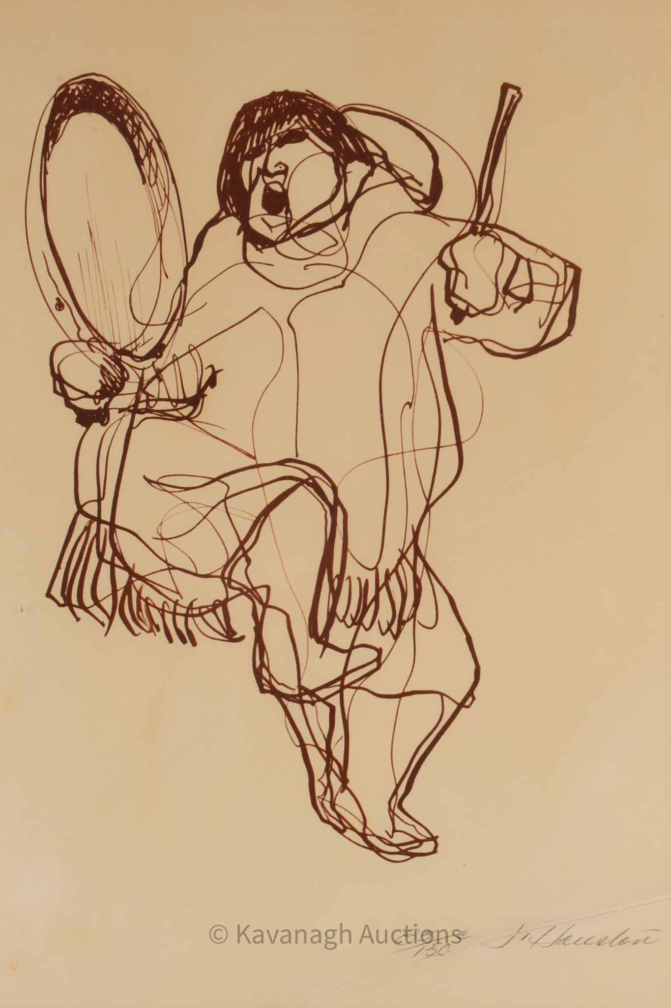 James Archibald Houston (1921-2005), Fisherman Drum Dancer Limited Edition Print: A print of a drawing by James Archibald Houston, depicting a Fisherman, Drum Dancer, numbered 83/150. The work is part of his important series of prints based on field sketches made during his early y