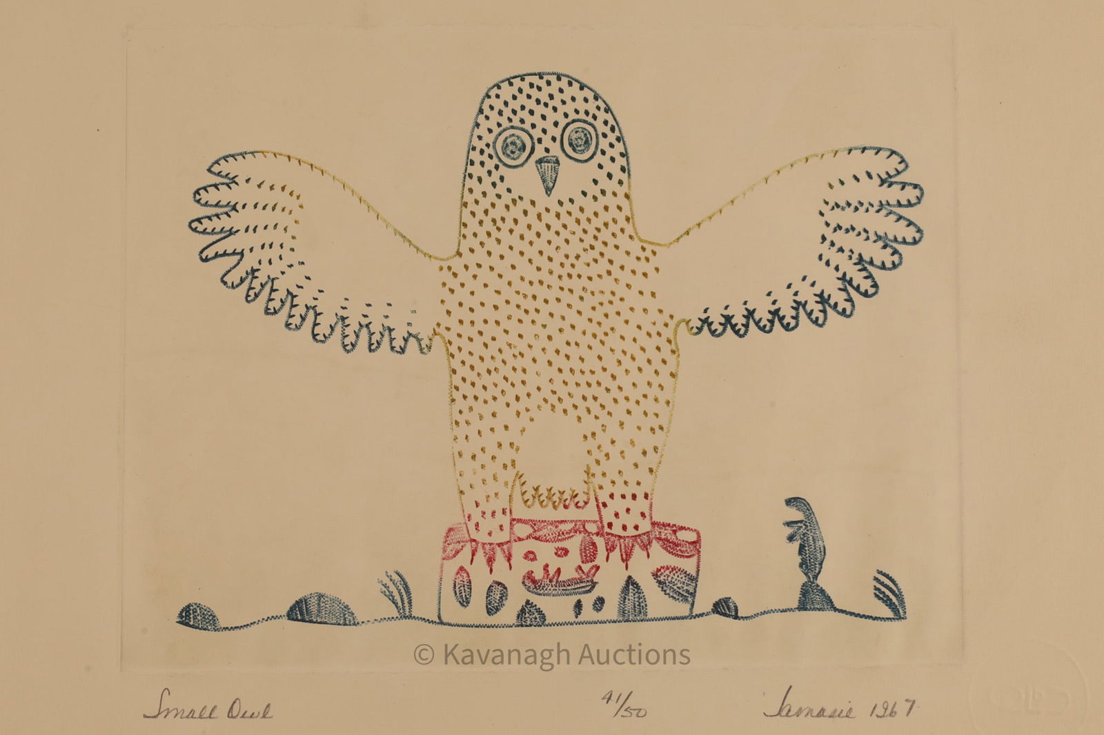 Jamesie Teevee (1910-1985), Small Owl, Stonecut & Stencil, 1967, Edition 41/50 (1 of 6)