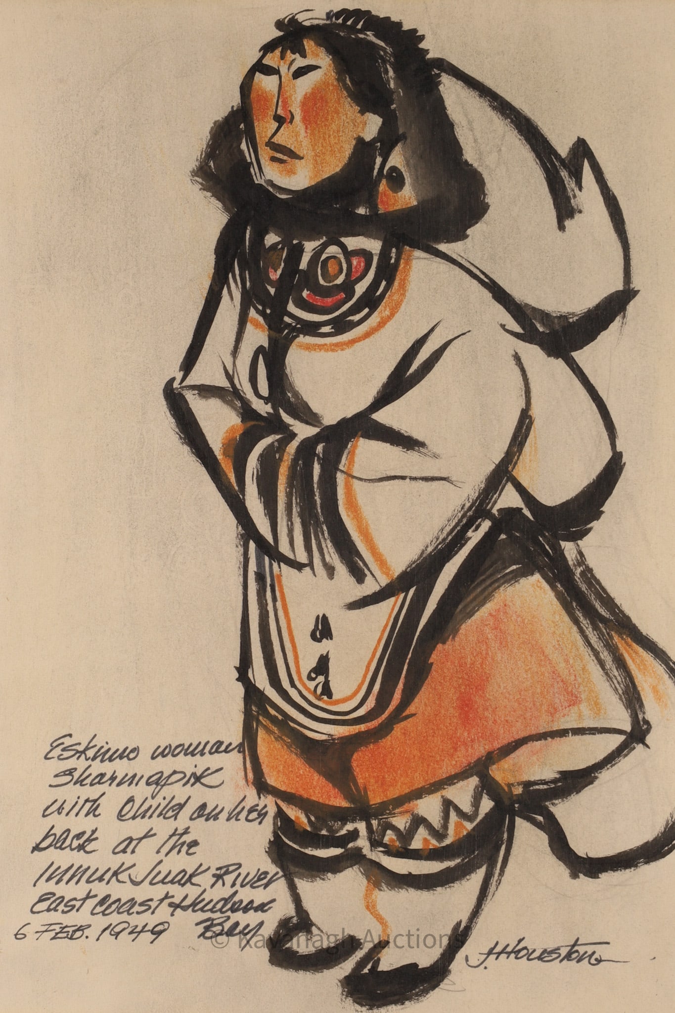 James Houston - Eskimo Woman, Shamanjok with Child on Her Back, Original Drawing, 1949 (1 of 5)