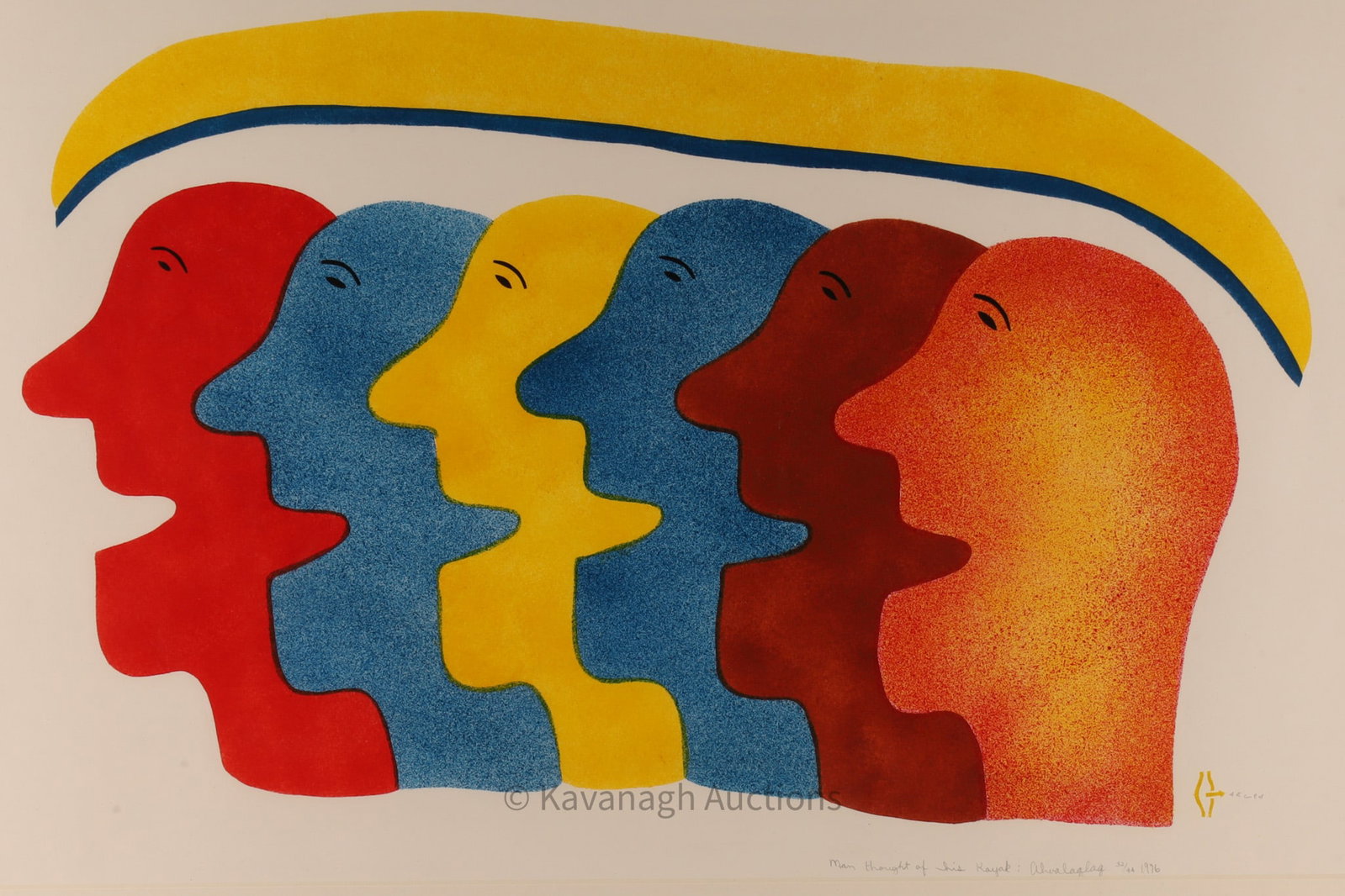Irene Avaalaaqiaq Tiktaalaaq (b. 1941, Baker Lake): Man Thought of His Kayak, 1976Stonecut and stencil on paperPrinted by the Sanavik Co-operative, Baker LakeEdition of 40DescriptionA celebrated Baker Lake print depicting six overlapping, vividly colou